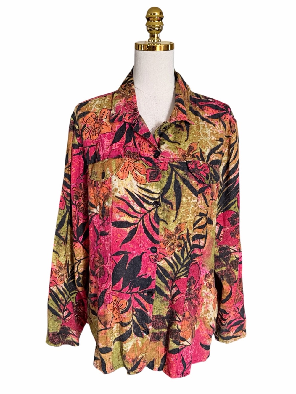 Chico's 100% Linen Tropical Floral Button-Down Long Sleeves Artsy Shirt Women XL